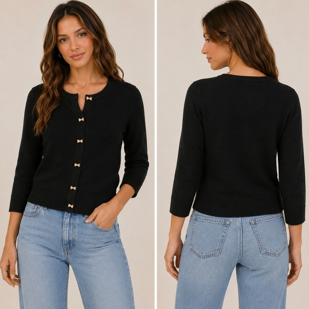 Spense Womens Black Cardigan Sweater Rhinestone Bow Buttons 3/4 Sleeve Size S